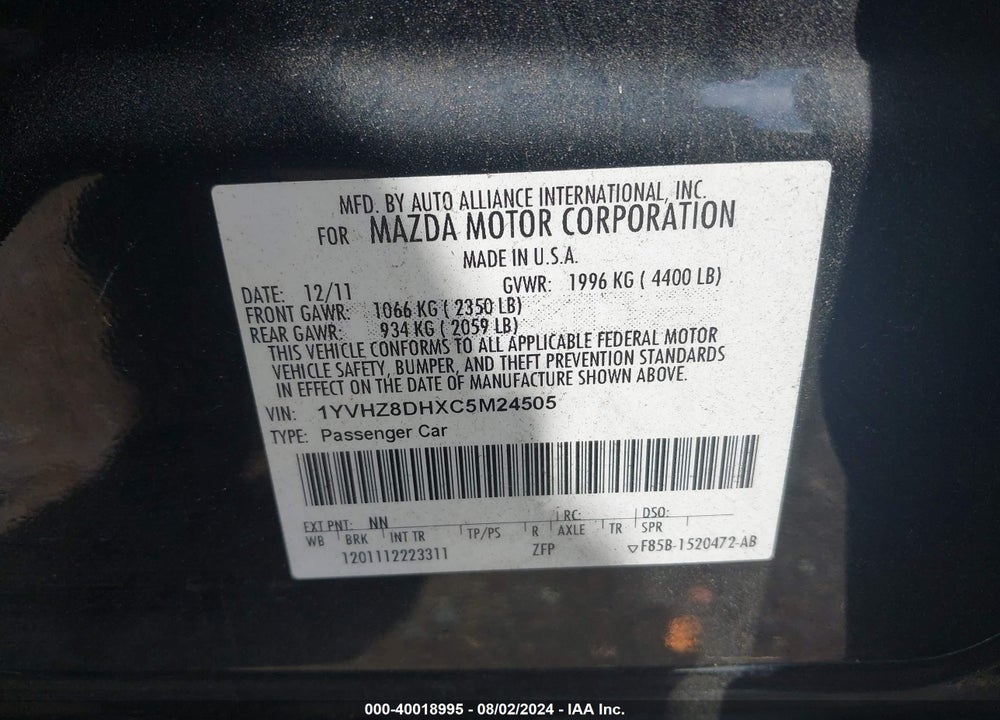 2012 MAZDA 6 I TOURING VIN: 1YVHZ8DHXC5M24505
