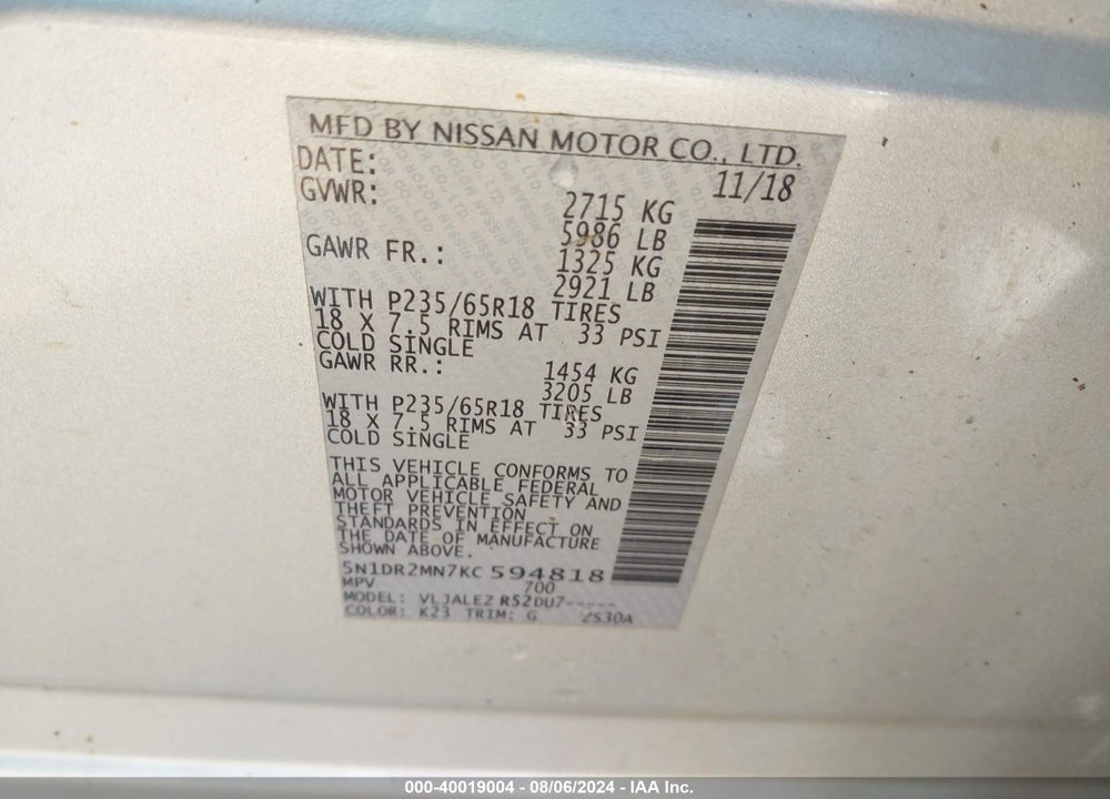 2019 NISSAN PATHFINDER SV VIN: 5N1DR2MN7KC594818
