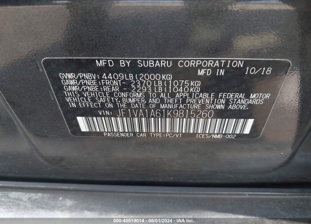 2019 SUBARU WRX VIN: JF1VA1A61K9815260