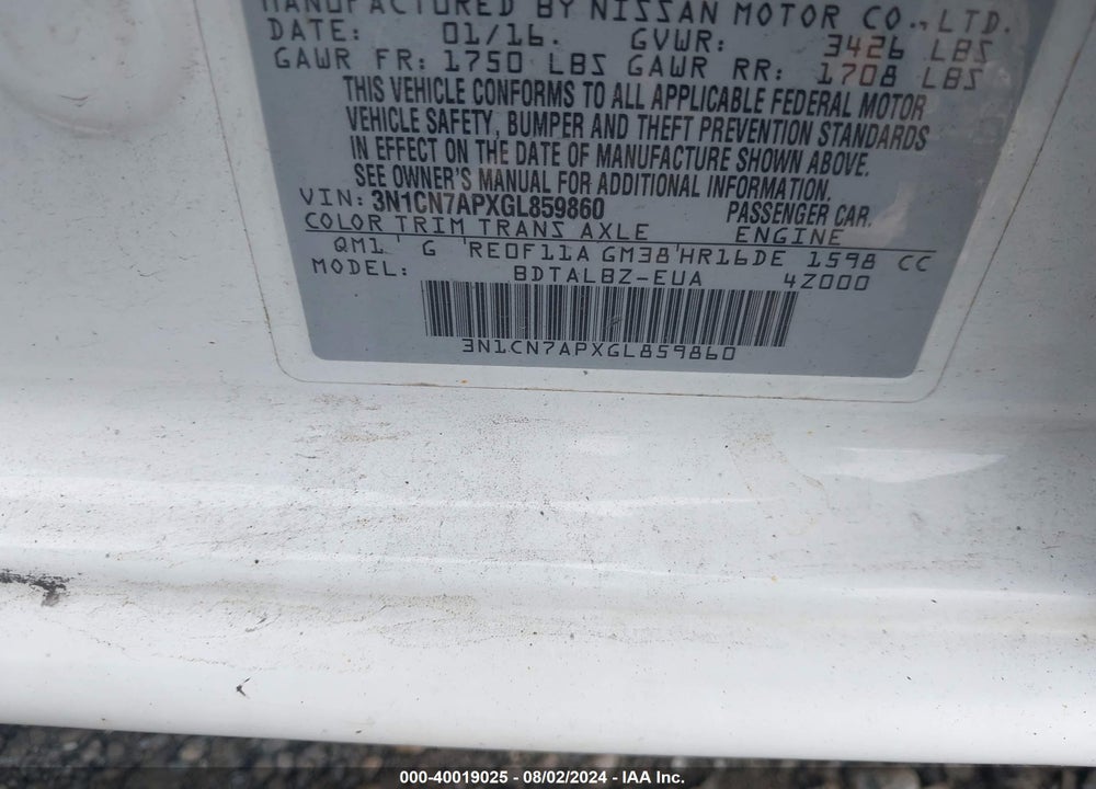 2016 NISSAN VERSA 1.6 S/1.6 S+/1.6 SL/1.6 SV VIN: 3N1CN7APXGL859860