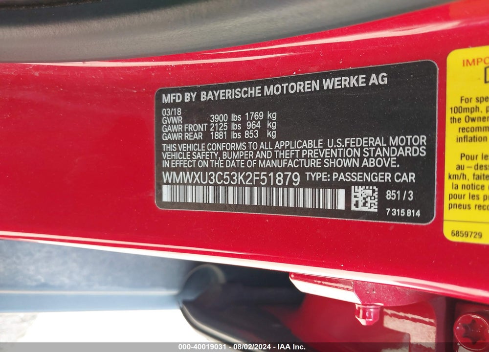 2019 MINI HARDTOP COOPER S VIN: WMWXU3C53K2F51879