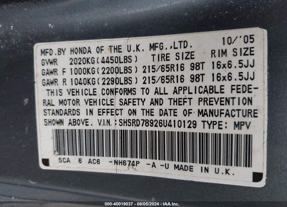 2006 HONDA CR-V SE VIN: SHSRD78926U410129