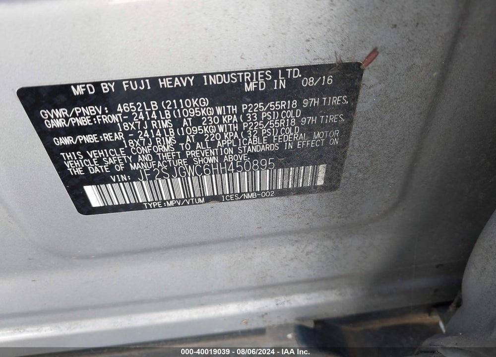 2017 SUBARU FORESTER 2.0XT TOURING VIN: JF2SJGWC6HH450895