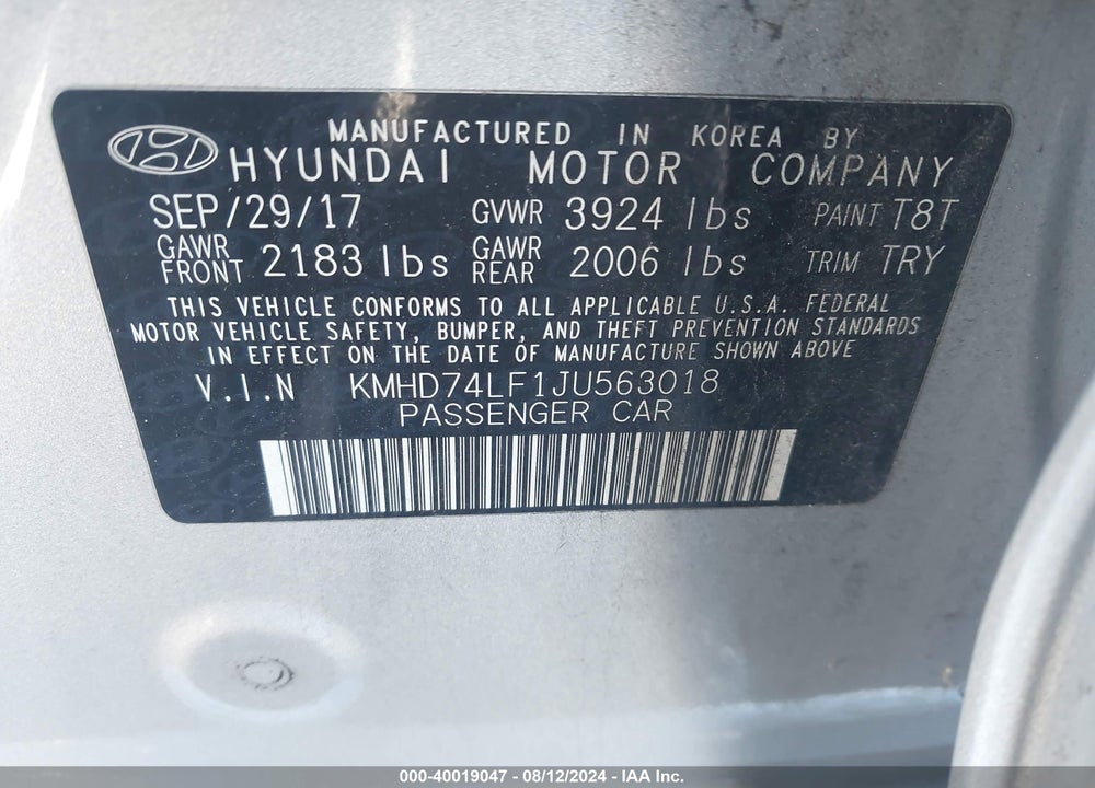 2018 HYUNDAI ELANTRA SE VIN: KMHD74LF1JU563018