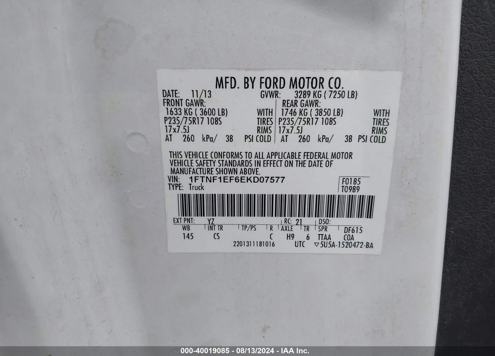 2014 FORD F-150 XL VIN: 1FTNF1EF6EKD07577