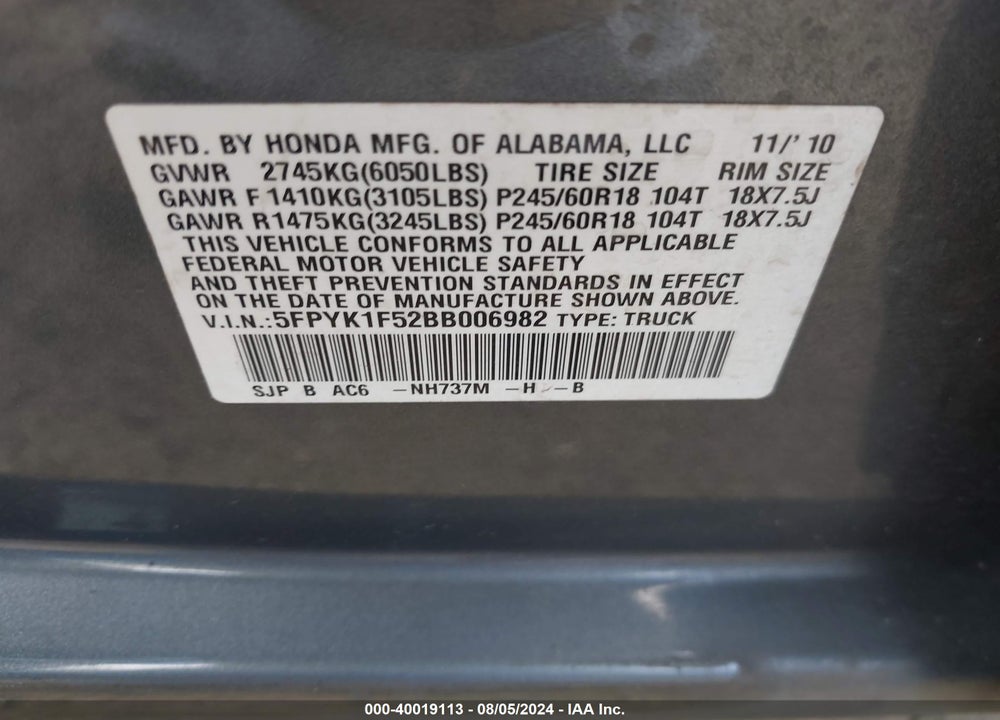 2011 HONDA RIDGELINE RTL VIN: 5FPYK1F52BB006982