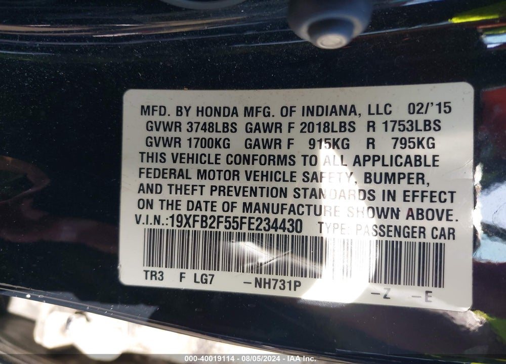 2015 HONDA CIVIC LX VIN: 19XFB2F55FE234430