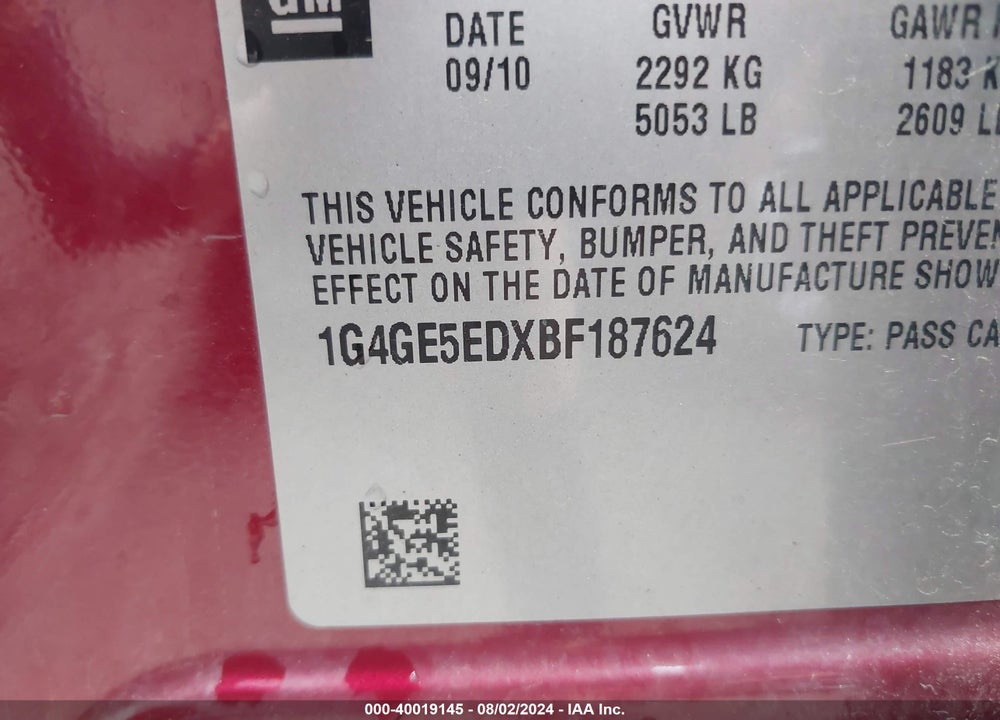 2011 BUICK LACROSSE CXS VIN: 1G4GE5EDXBF187624