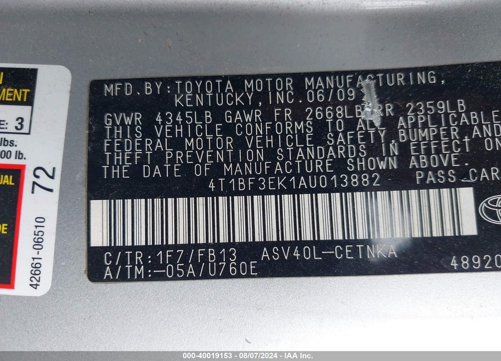 2010 TOYOTA CAMRY LE VIN: 4T1BF3EK1AU013882