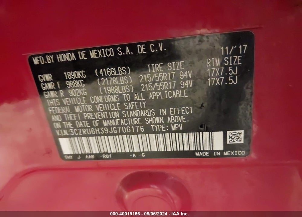 2018 HONDA HR-V LX VIN: 3CZRU6H39JG706176