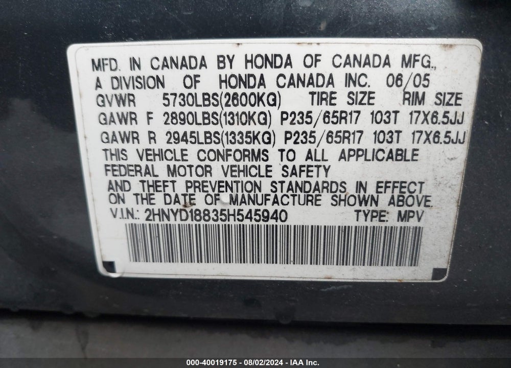2005 ACURA MDX VIN: 2HNYD18835H545940