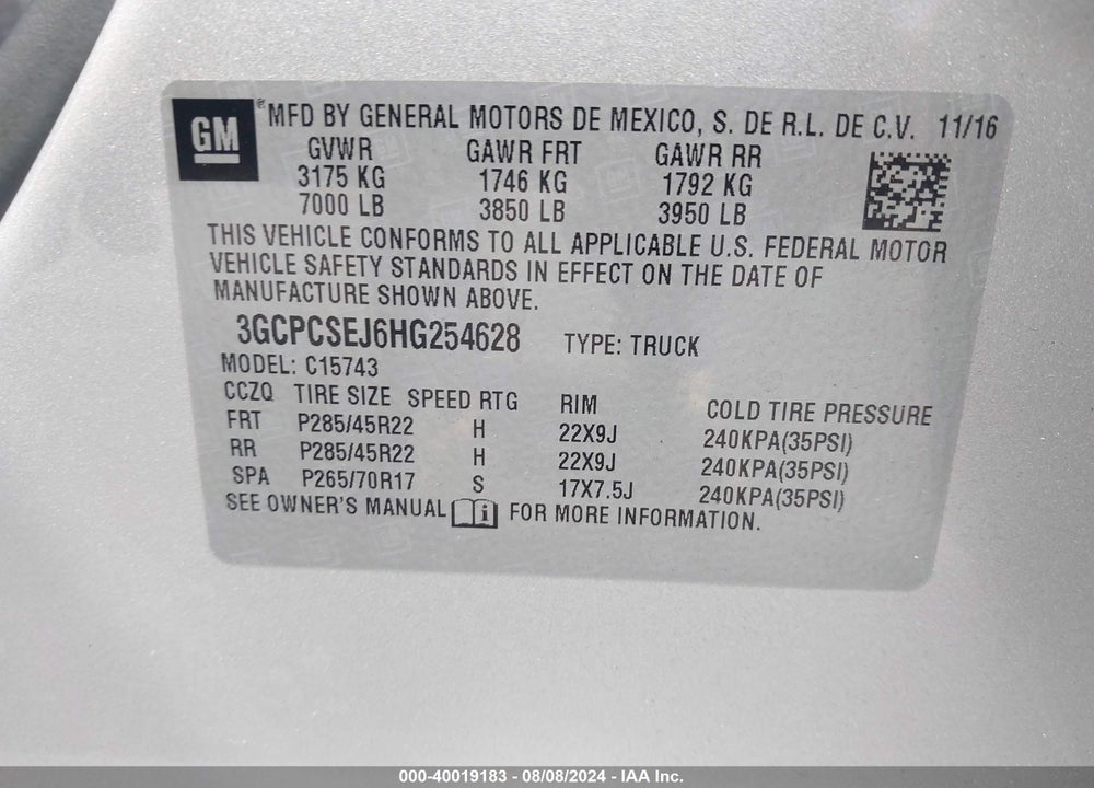 2017 CHEVROLET SILVERADO 1500 1LZ VIN: 3GCPCSEJ6HG254628