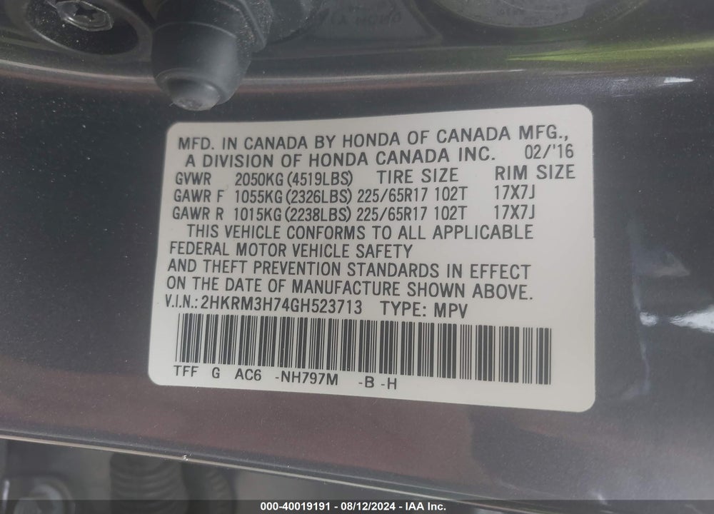 2016 HONDA CR-V EX-L VIN: 2HKRM3H74GH523713