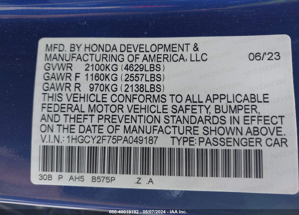2023 HONDA ACCORD HYBRID SPORT-L VIN: 1HGCY2F75PA049187