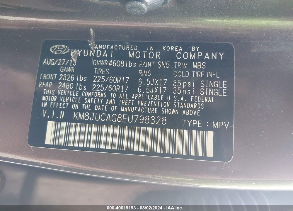 2014 HYUNDAI TUCSON SE VIN: KM8JUCAG8EU798328