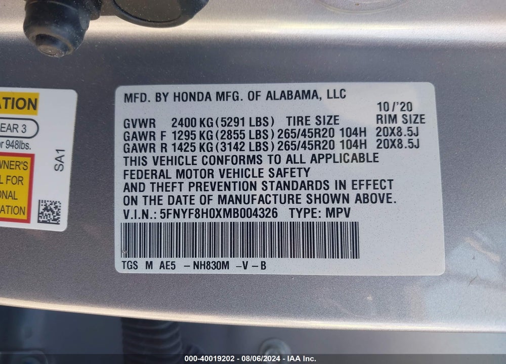 2021 HONDA PASSPORT AWD ELITE VIN: 5FNYF8H0XMB004326