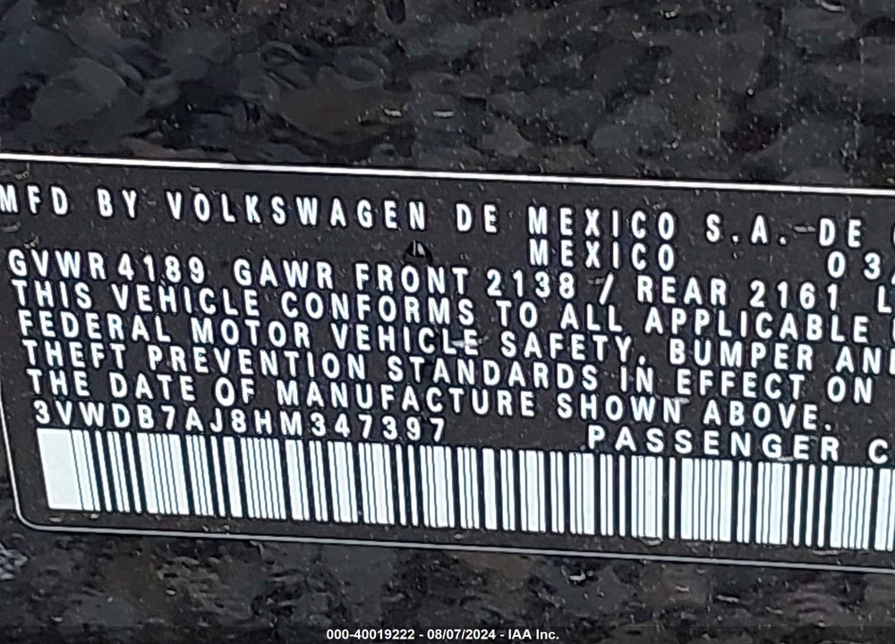 2017 VOLKSWAGEN JETTA 1.4T SE VIN: 3VWDB7AJ8HM347397