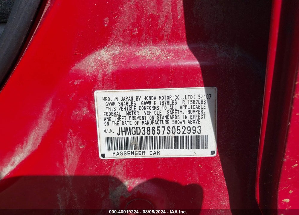 2007 HONDA FIT SPORT VIN: JHMGD38657S052993