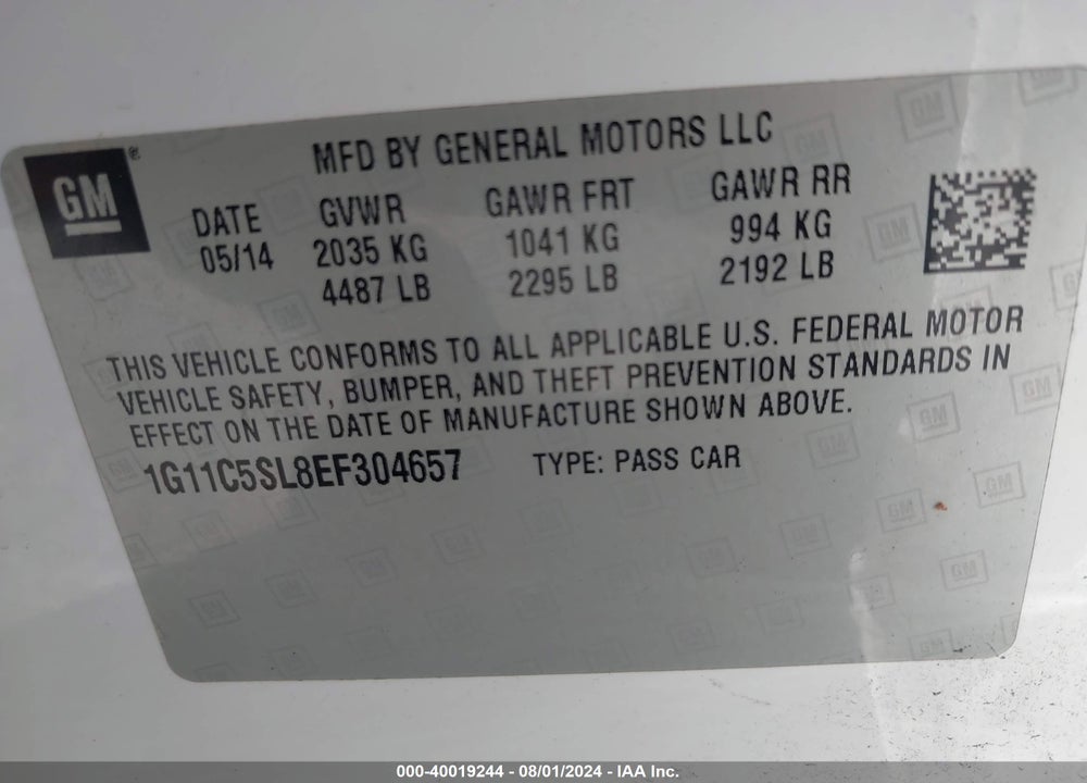2014 CHEVROLET MALIBU 1LT VIN: 1G11C5SL8EF304657
