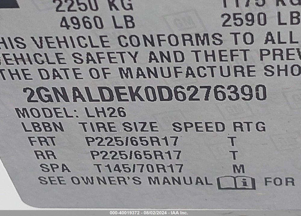 2013 CHEVROLET EQUINOX 1LT VIN: 2GNALDEK0D6276390