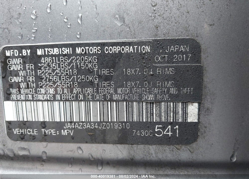 2018 MITSUBISHI OUTLANDER LE VIN: JA4AZ3A34JZ019310