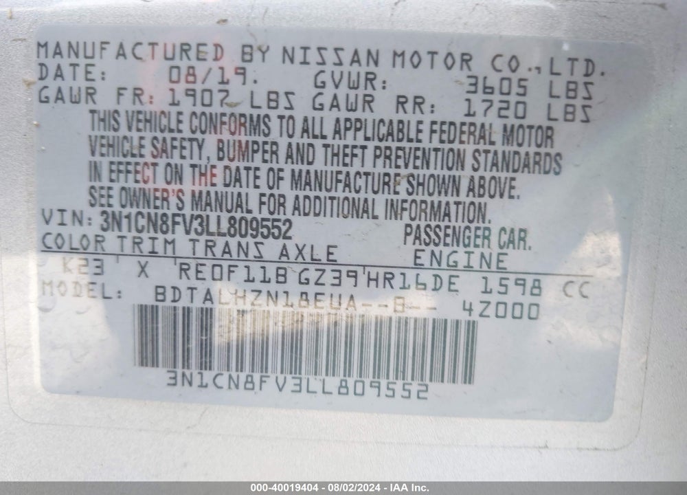 2020 NISSAN VERSA SR XTRONIC CVT VIN: 3N1CN8FV3LL809552