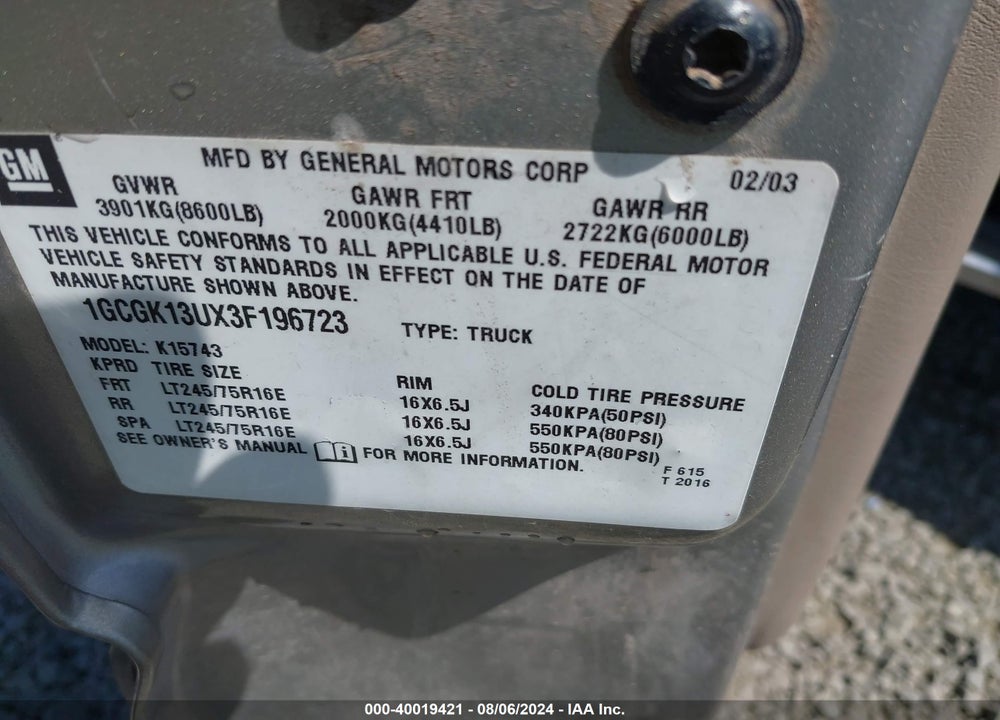 2003 CHEVROLET SILVERADO 1500HD LT VIN: 1GCGK13UX3F196723
