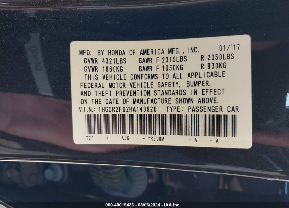 2017 HONDA ACCORD EX VIN: 1HGCR2F02HA143920