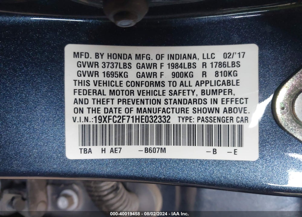 2017 HONDA CIVIC EX VIN: 19XFC2F71HE032332