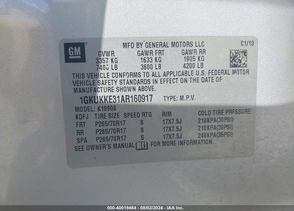 2010 GMC YUKON XL 1500 SLT VIN: 1GKUKKE31AR160917