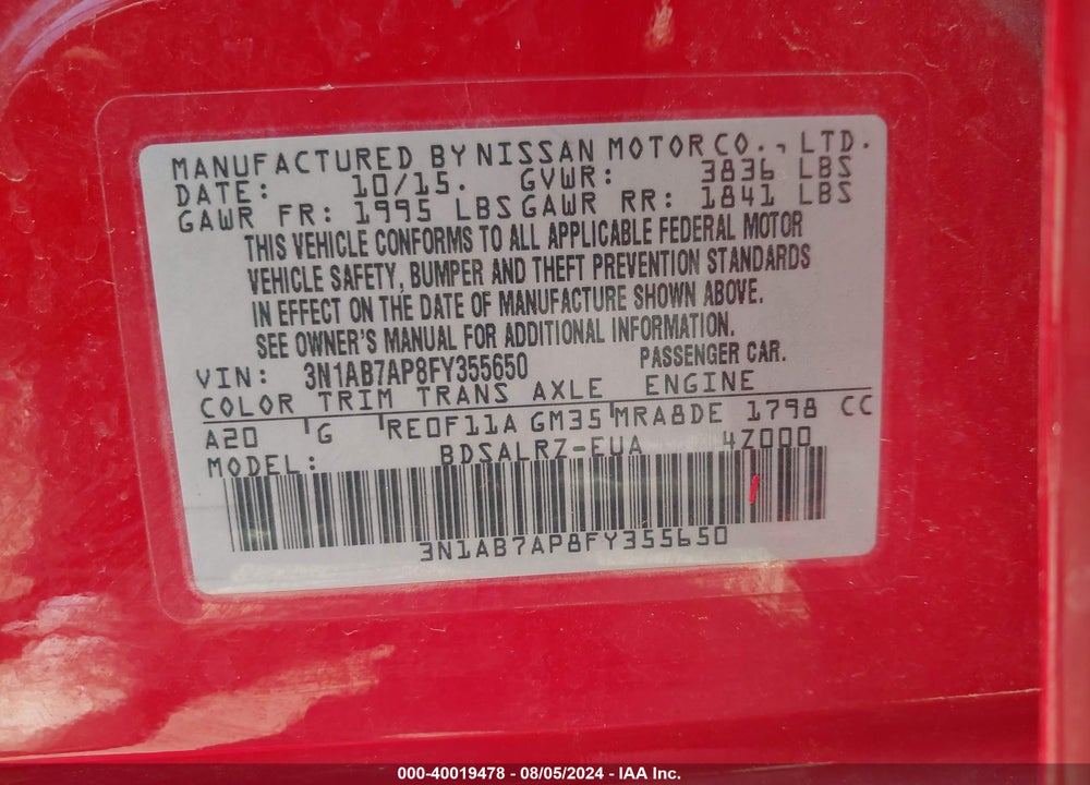 2015 NISSAN SENTRA SR VIN: 3N1AB7AP8FY355650
