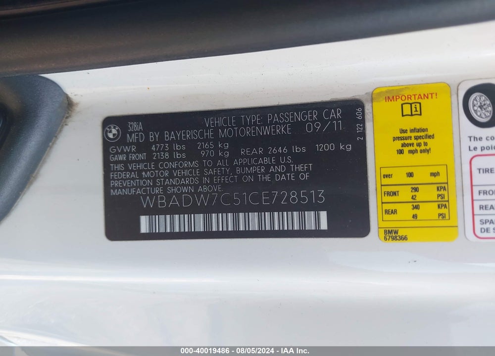 2012 BMW 328I VIN: WBADW7C51CE728513