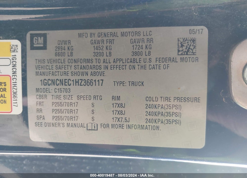 2017 CHEVROLET SILVERADO 1500 LS VIN: 1GCNCNEC1HZ366117