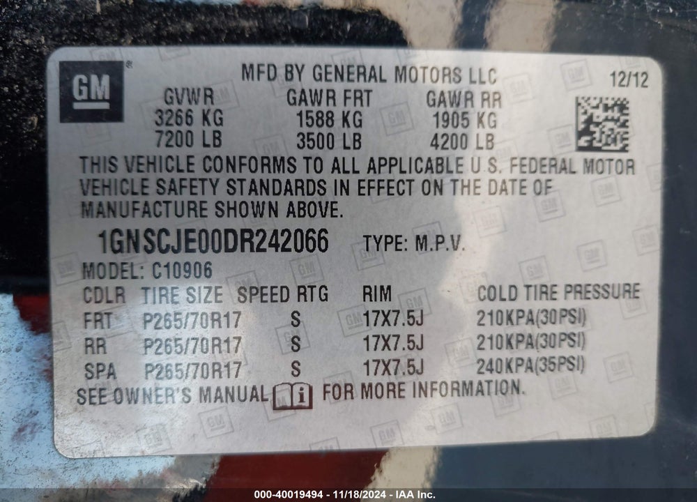 2013 CHEVROLET SUBURBAN 1500 LT VIN: 1GNSCJE00DR242066