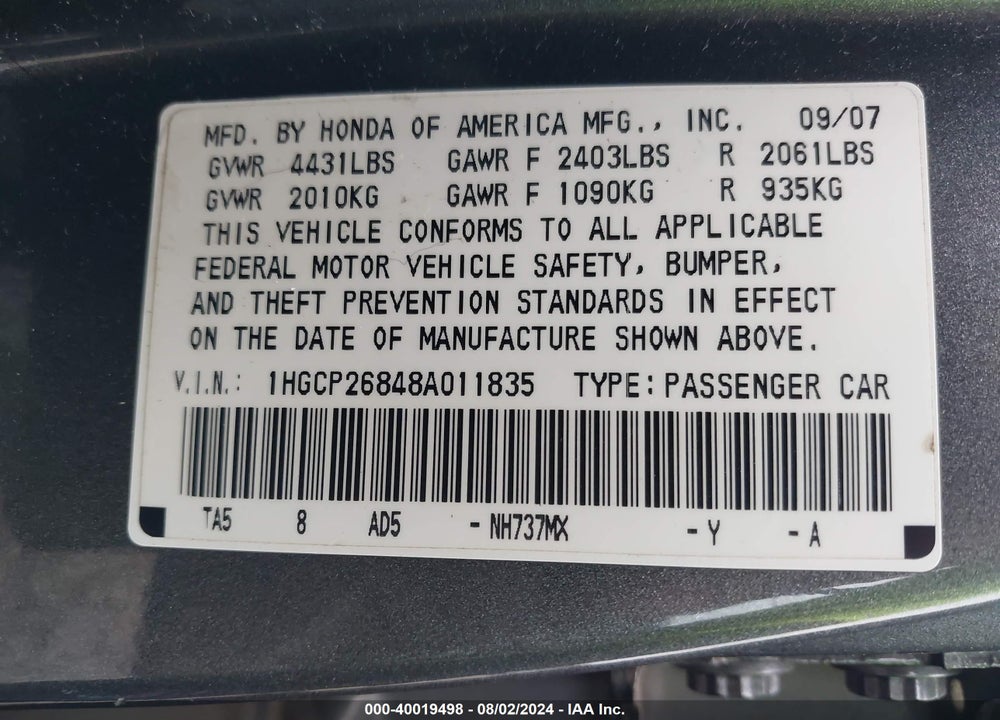 2008 HONDA ACCORD 2.4 EX-L VIN: 1HGCP26848A011835