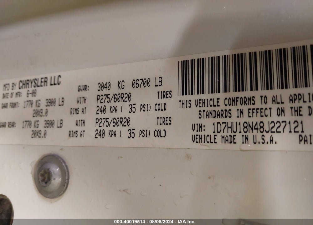 2008 DODGE RAM 1500 SLT VIN: 1D7HU18N48J227121