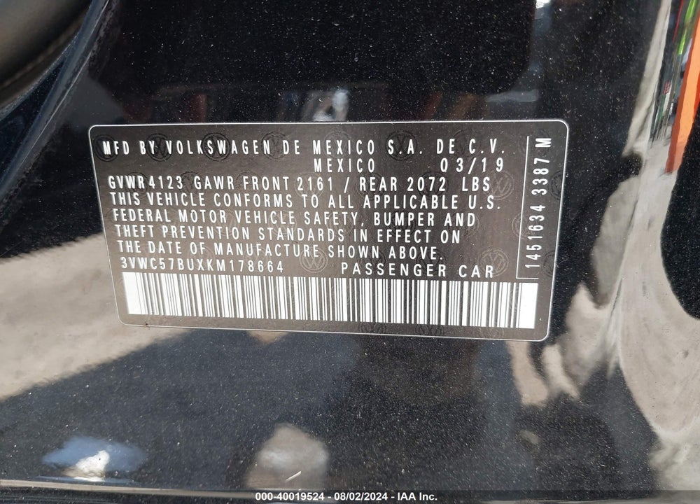 2019 VOLKSWAGEN JETTA 1.4T R-LINE/1.4T S/1.4T SE VIN: 3VWC57BUXKM178664