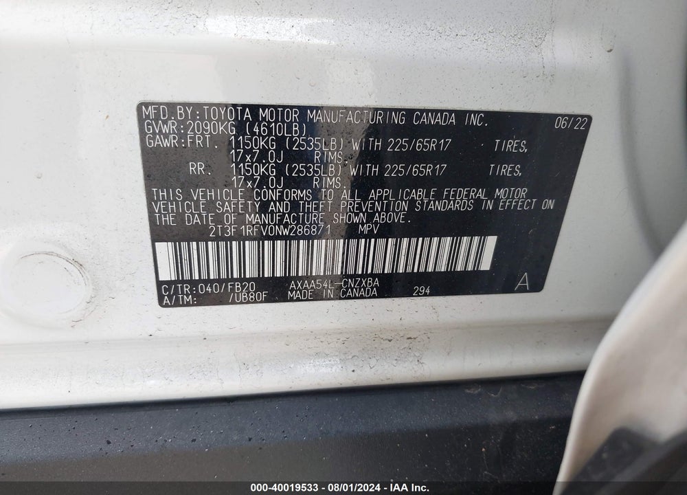 2022 TOYOTA RAV4 LE VIN: 2T3F1RFV0NW286871