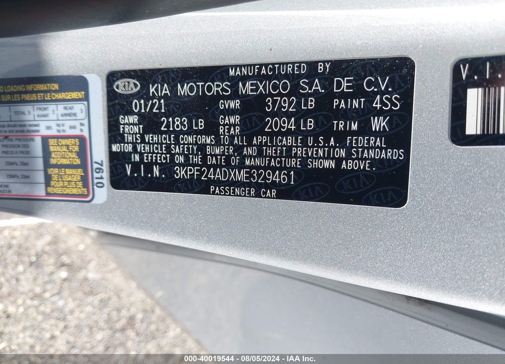 2021 KIA FORTE LXS VIN: 3KPF24ADXME329461