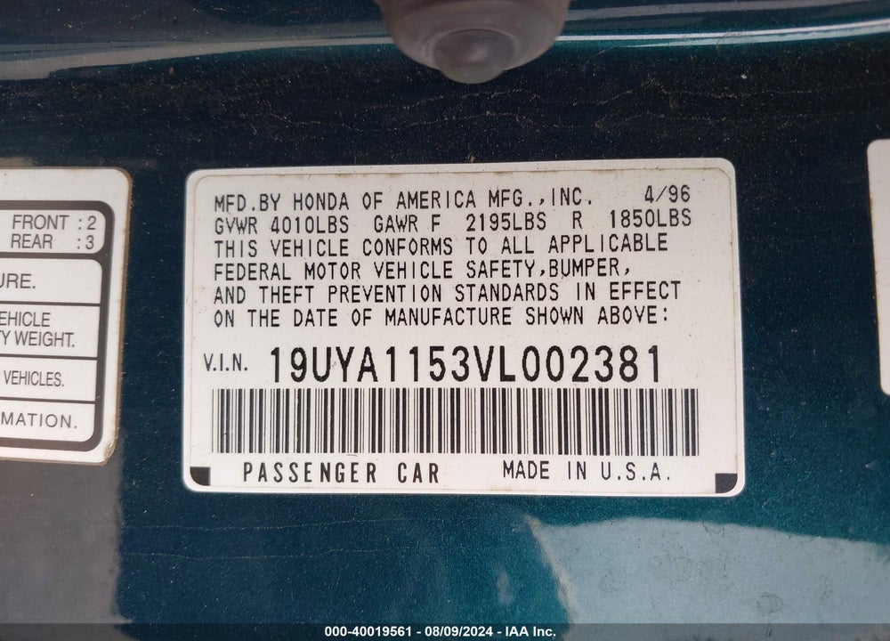 1997 ACURA CL 2.2 VIN: 19UYA1153VL002381