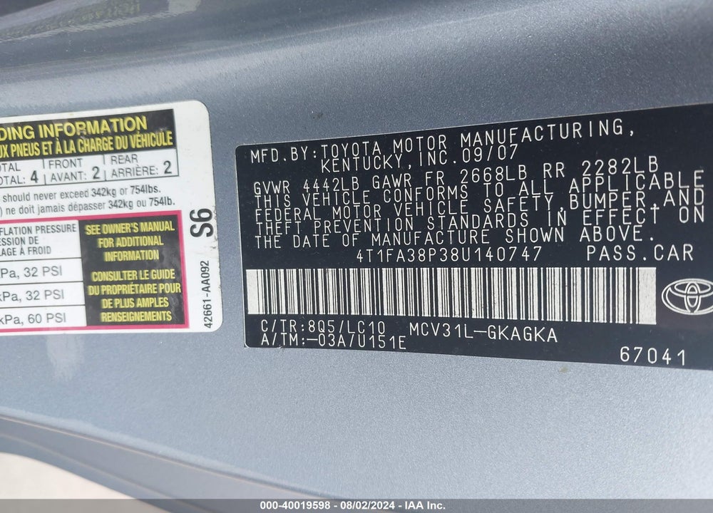 2008 TOYOTA CAMRY SOLARA SLE VIN: 4T1FA38P38U140747