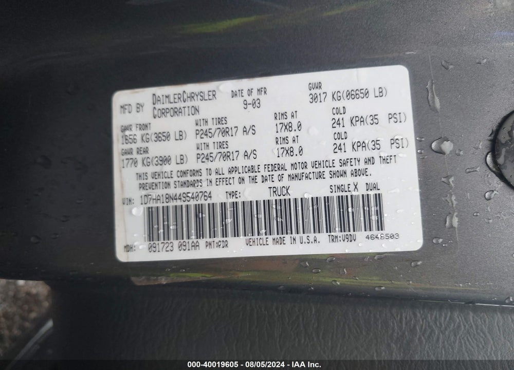 2004 DODGE RAM 1500 SLT/LARAMIE VIN: 1D7HA18N44S540764