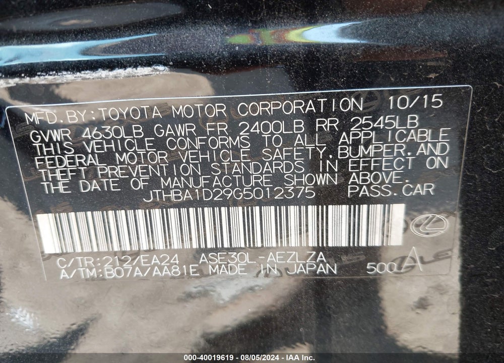 2016 LEXUS IS 200T VIN: JTHBA1D29G5012375