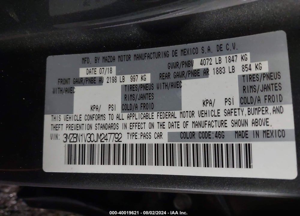 2018 MAZDA 3 TOURING VIN: 3MZBN1V30JM247792