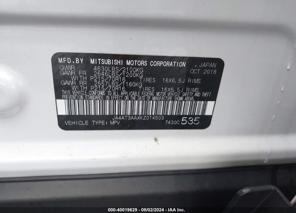 2019 MITSUBISHI ECLIPSE CROSS VIN: JA4AT3AAXKZ014503