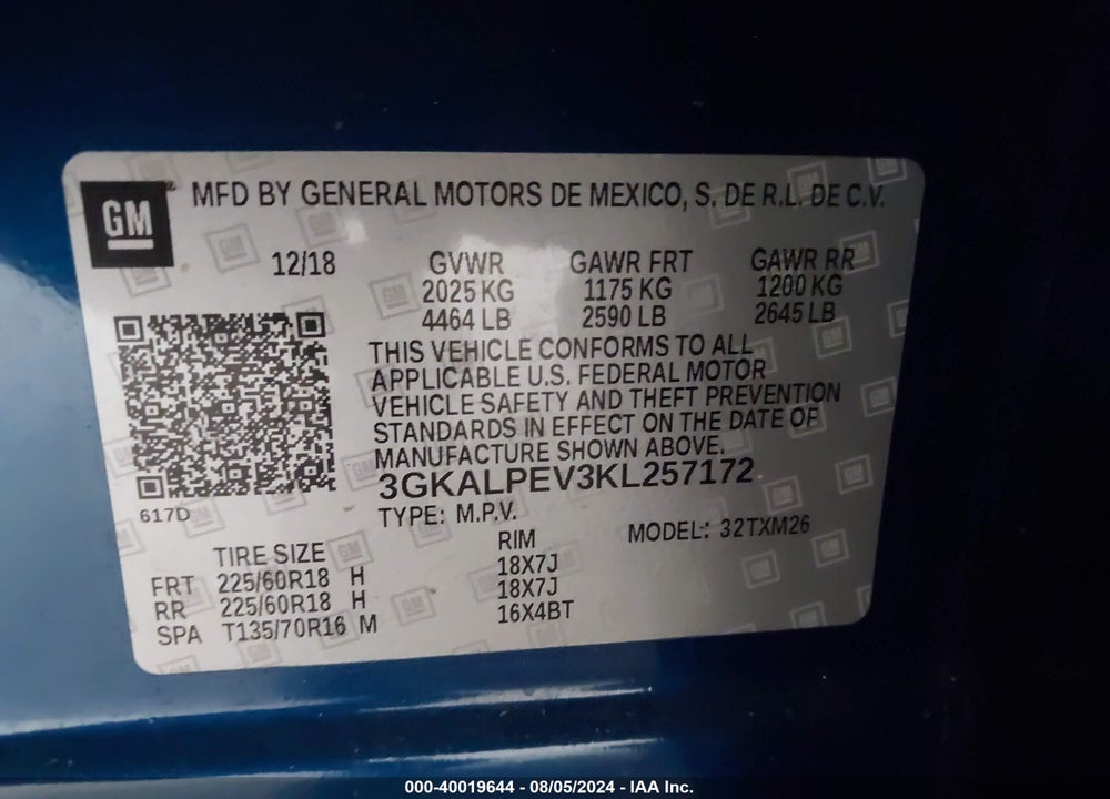 2019 GMC TERRAIN SLT VIN: 3GKALPEV3KL257172