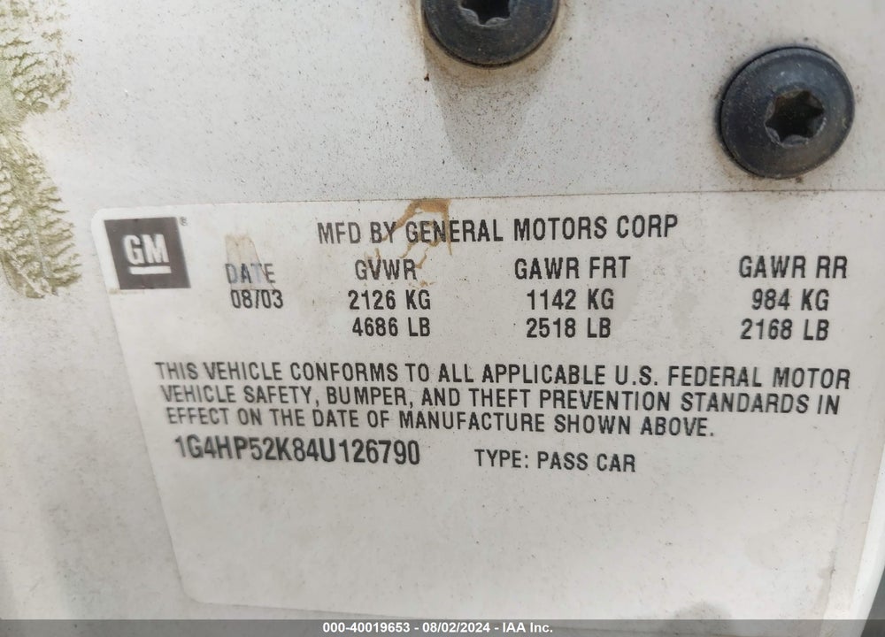 2004 BUICK LESABRE CUSTOM VIN: 1G4HP52K84U126790