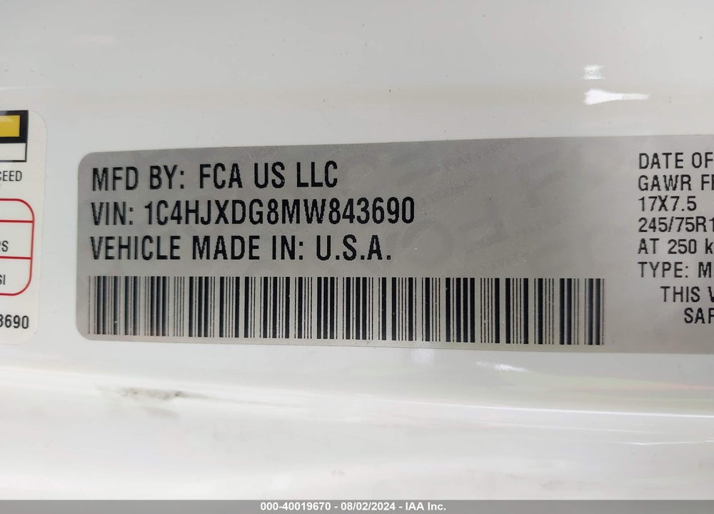 2021 JEEP WRANGLER UNLIMITED VIN: 1C4HJXDG8MW843690