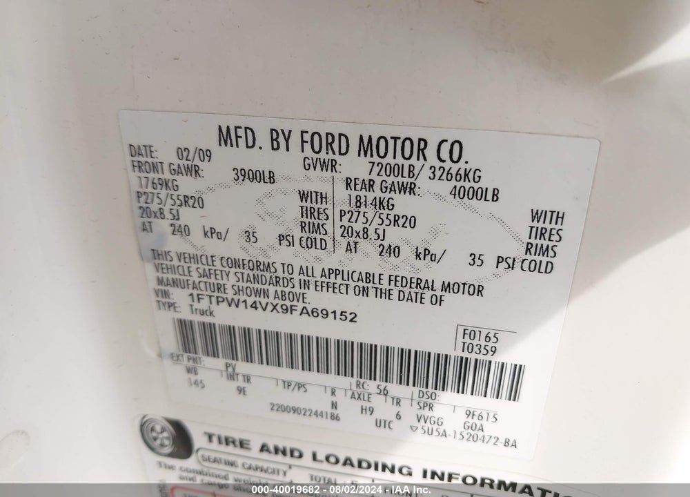2009 FORD F-150 VIN: 1FTPW14VX9FA69152