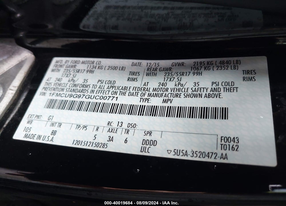 2016 FORD ESCAPE SE VIN: 1FMCU9G97GUC00771